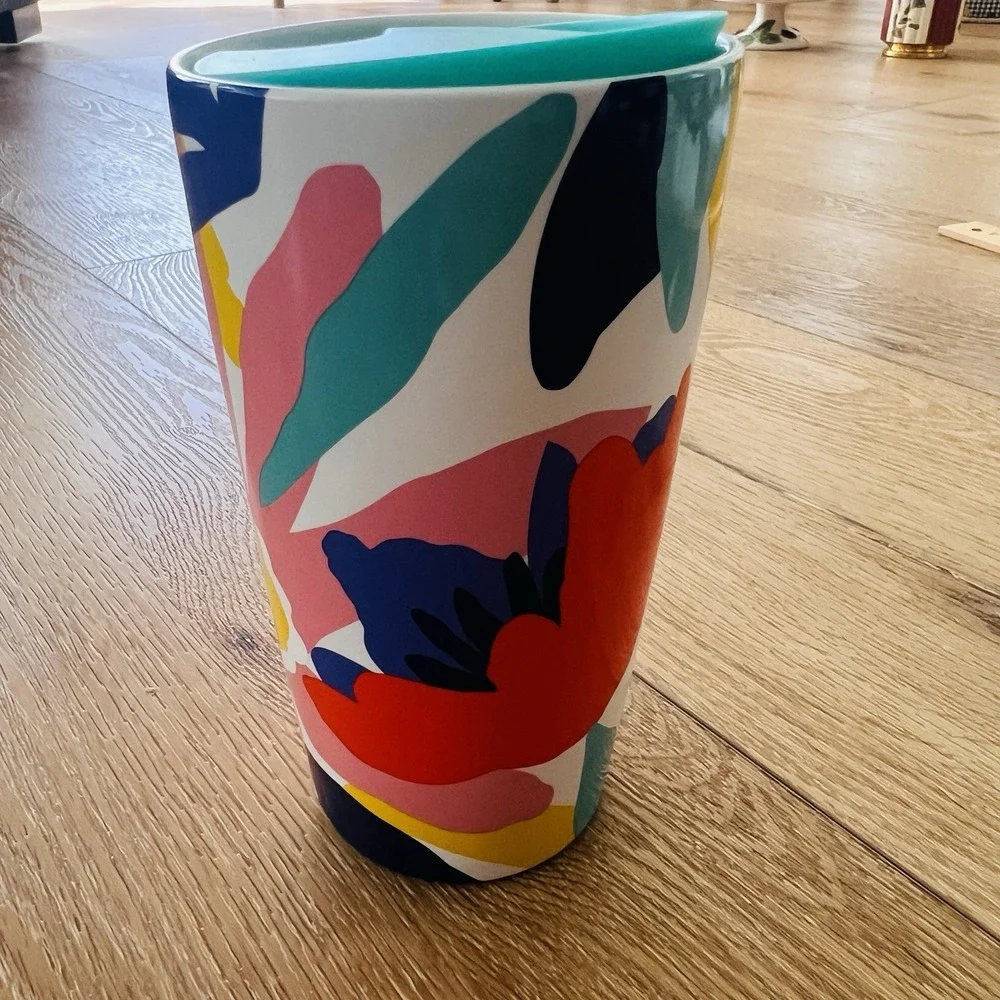 Starbucks Travel Tumbler Abstract Floral Art Pink Teal Navy‎ Modern Pop Art NEW